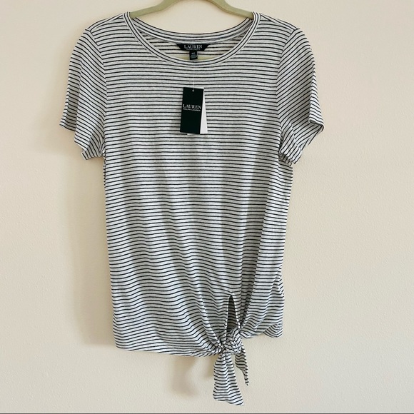 New Lauren Ralph Lauren linen Striped T-Shirt front knot top - Picture 3 of 10